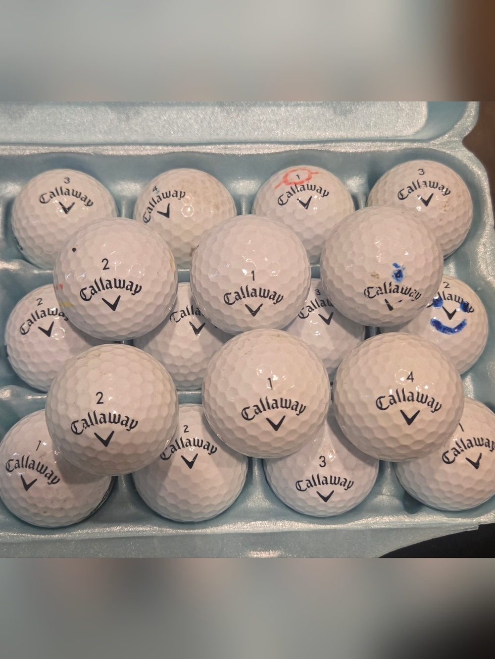 18 Callaway Supersoft white golf balls in 3A and 4A playing condition.